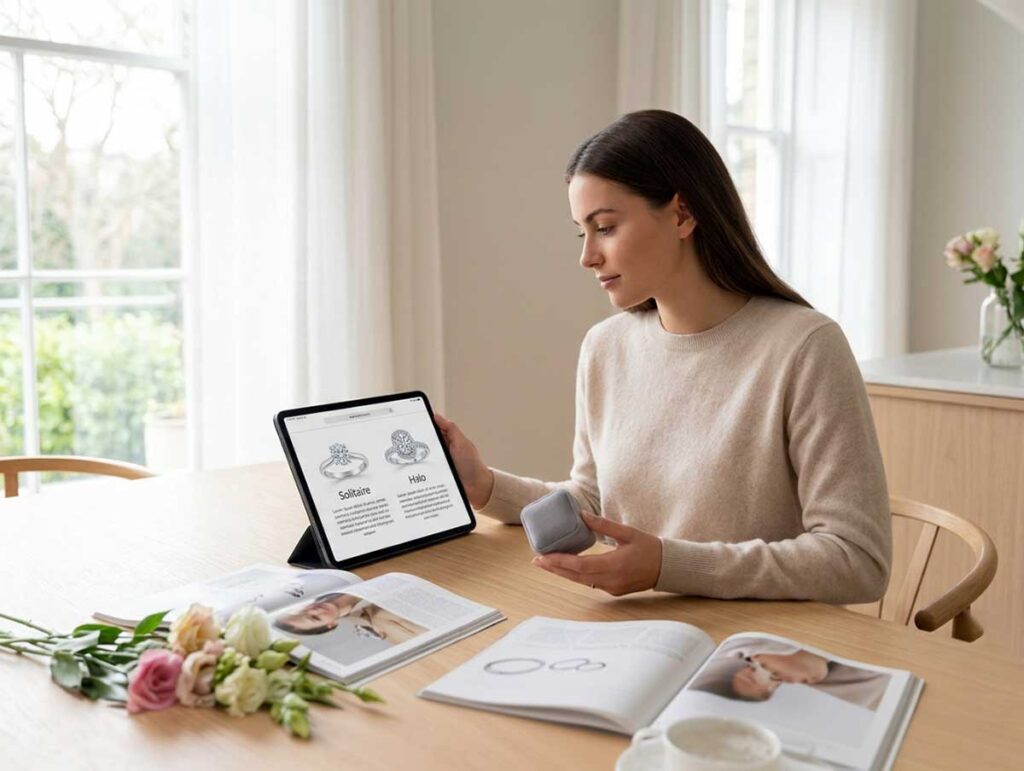 Person comparing engagement ring details on a tablet while holding a ring box