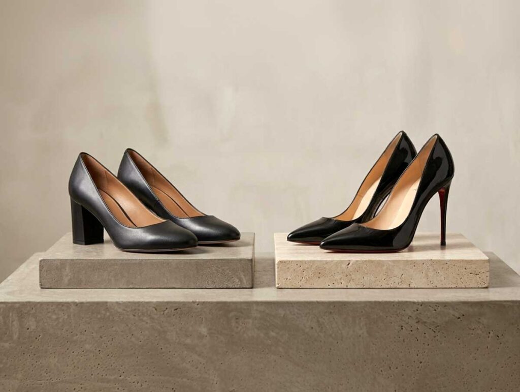 Side-by-side comparison of pumps and stilettos showing the general pump shape and thin stiletto heel