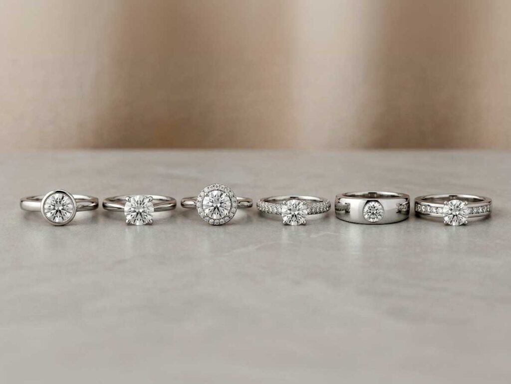 Comparison of jewelry settings including bezel, prong, halo, pavé, flush, and channel settings