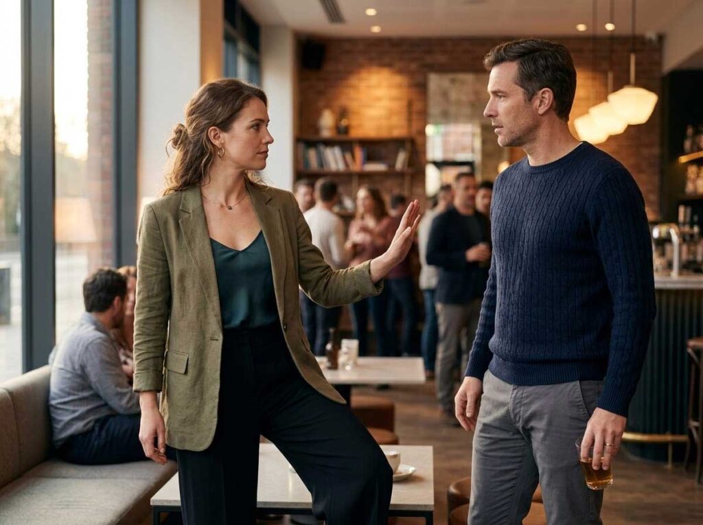 Confident woman stepping back and setting a clear boundary during an intimate moment