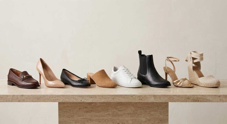 Editorial lineup of women’s shoe styles including loafers, pumps, ballet flats, mules, sneakers, ankle boots, sandals, and wedges