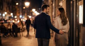 Man gently touching a woman’s lower back as they walk into a restaurant