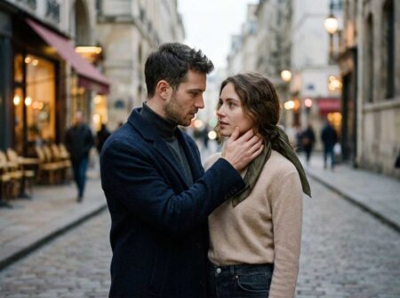 Man and woman standing close during a tense intimate moment, with his hand near her neck