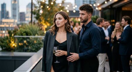 Stylish woman at an evening social gathering as a man stands behind her with a hand near her waist
