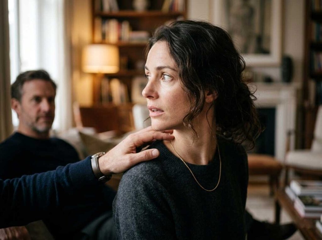 Close-up of a woman reacting thoughtfully as someone lightly touches the back of her neck