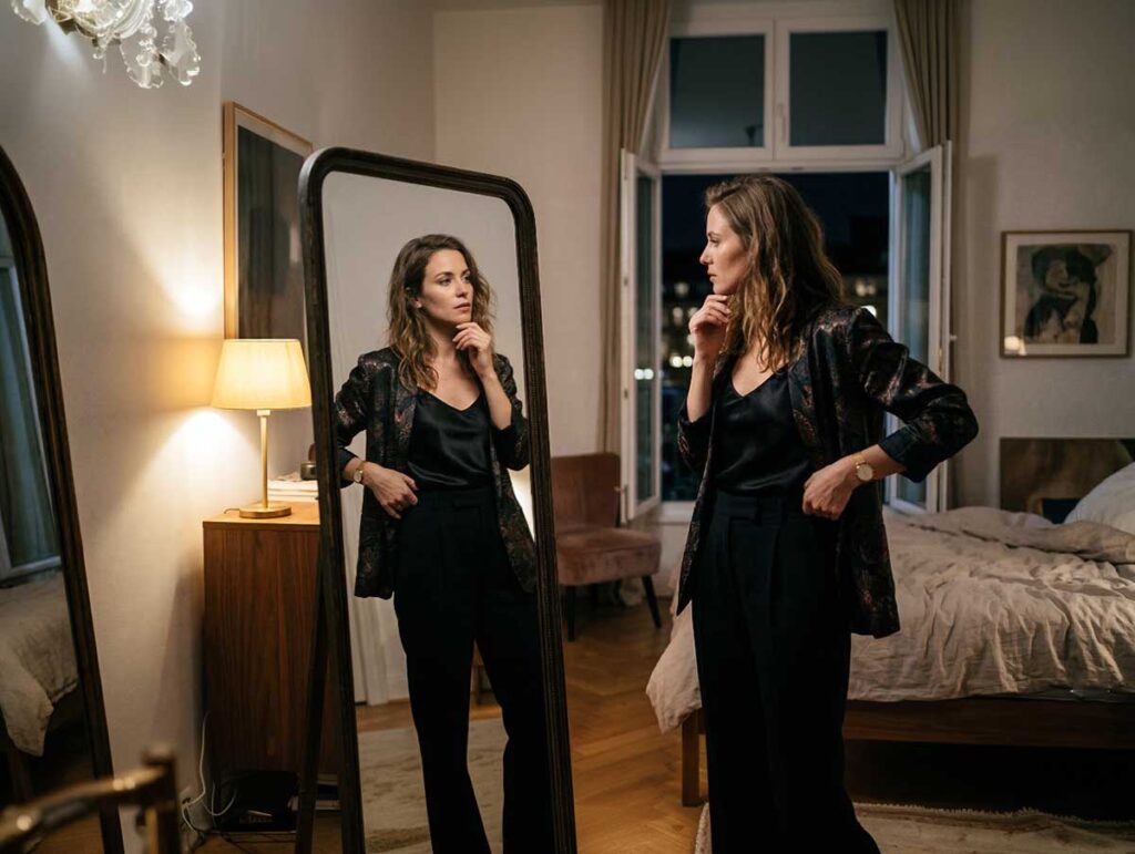 Thoughtful woman looking in a mirror after getting home from a night out