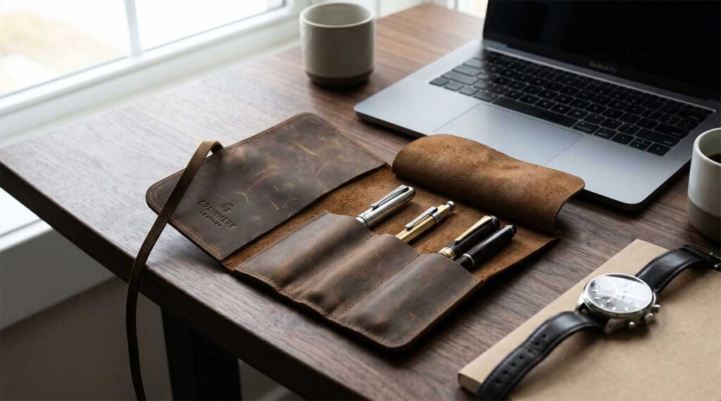 A brown leather pen roll with three pens inside sits on a wooden desk.