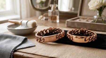 scratched and polished rose gold bracelet side by side on vanity