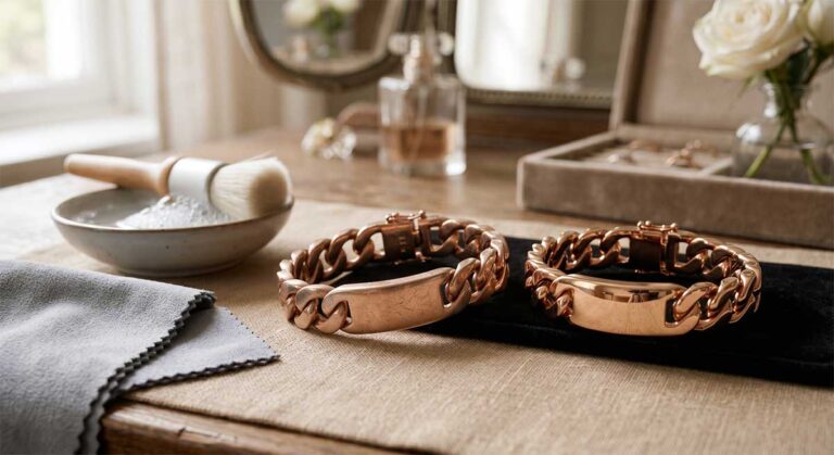 scratched and polished rose gold bracelet side by side on vanity