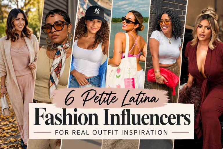 Editorial collage illustrating six petite Latina fashion influencers and their different personal styles